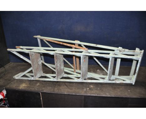 A VINTAGE WOODEN STEP LADDER with lattice sides, a Jones Patent hinge but some repairs height 145cm