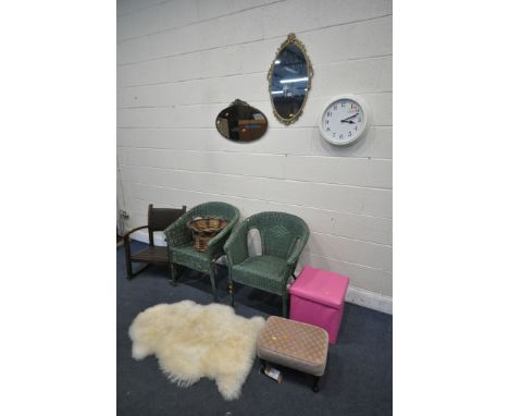 A SELECTION OF OCCASIONAL FURNITURE, to include two oval wall mirrors, a circular wall clock, two wicker basket chairs, a bee