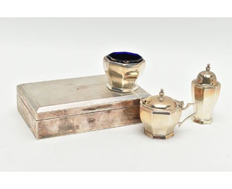 AN ELIZABETH II RECTANGULAR SILVER CIGARETTE BOX AND AN ELIZABETH II SILVER THREE PIECE CRUET SET OF OCTAGONAL FORM, the ciga