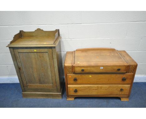 AN ART DECO OAK CHEST OF THREE DRAWERS, width 95cm x depth 48cm x height 70cm, and an oak panelled single door cupboard, widt