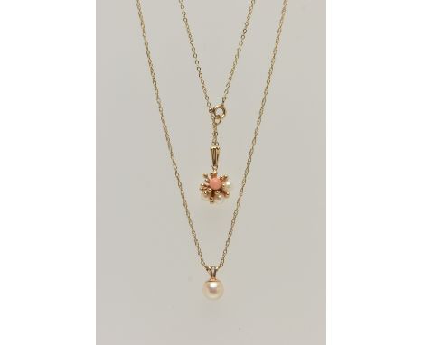 TWO PENDANT NECKLACES, the first pendant set with seed pearls and coral, fitted with a tapered bail, hallmarked 9ct London, l