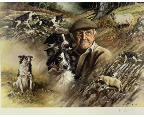 MICK CAWSTON fine coloured limited edition (771/850) print - farmer with six sheepdogs and sheep in a landscape setting, sign