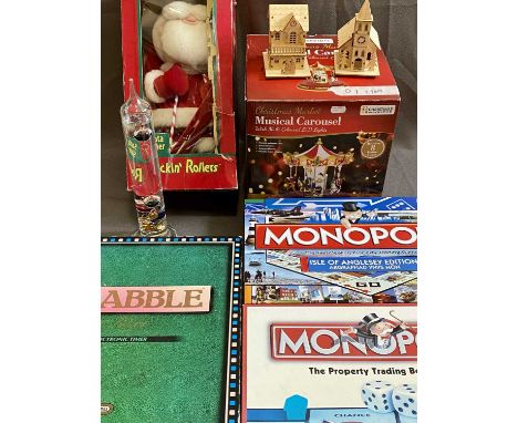 BOARD GAMES, CHRISTMAS ORNAMENTS, Galileo glass thermometer, games to include two sets of Monopoly, one being the Isle of Ang