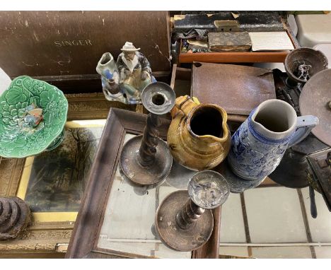 CASED SINGER SEWING MACHINE, vintage oak framed mirrors, twist candlesticks, old scales, workbox, an early 20th Century gilt 