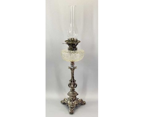 VICTORIAN SILVER PLATED OIL LAMP - with hobnail pattern cut glass font, the well-cast column decorated with splayed leaves to