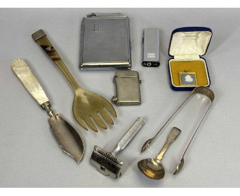 SILVER &amp; OTHER FLATWARE, white metal lighters and Wedgwood gilt metal pendant group.  The flatware includes a Birmingham 