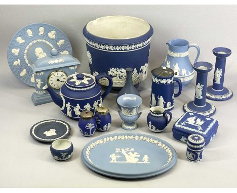 WEDGWOOD DARK &amp; LIGHT BLUE JASPERWARE COLLECTION - 16 pieces, along with an Adams jardiniere and teapot with cover in blu