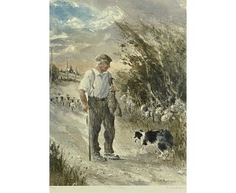 KEITH ANDREW RCA coloured limited edition print (74/350) - farmer with his dog and sheep on a path, titled 'Twm ar Meg', sign
