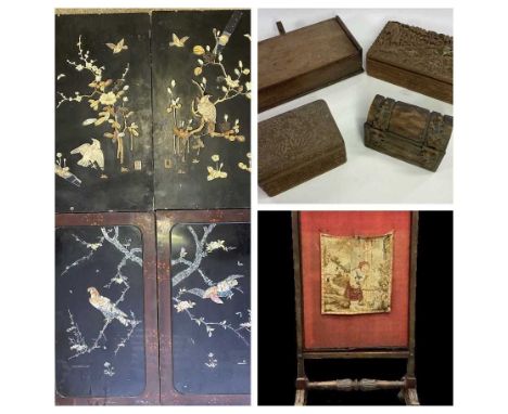 JAPANESE LACQUER WORK PANELS (4) - to include two black Shibayama type having the relief detail inlaid in bone, 60 x 35.5cms 