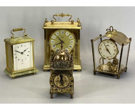 CLOCKS - A Smiths eight day lantern type clock, 18cms tall, Schatz anniversary type clock and two other mantel clocks