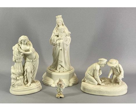 PARIAN FIGURES (3) and a Victorian bisque figurine to include a Madonna and child on a shaped base, 36cms H, an oval based gr