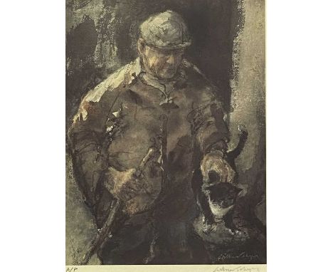 WILLIAM SELWYN RCA artist's proof coloured print - farmer with stick and his pet cat, signed in full, 38 x 28cms