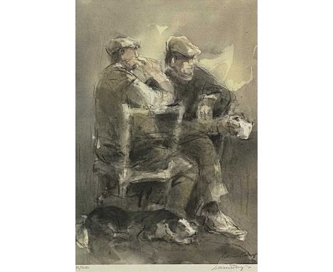WILLIAM SELWYN RCA coloured limited edition (12/500) print - two farmers chatting over a cup of tea with resting sheep dog, s