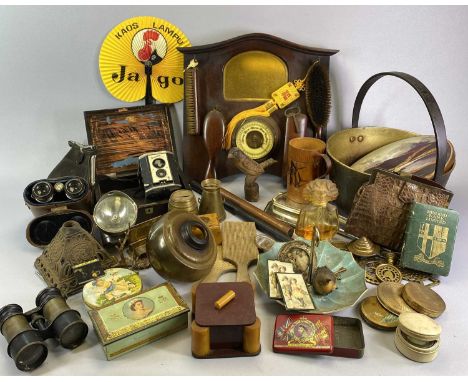 TREEN, BAKELITE, assorted metalware, reptile skin clutch bag, old field glasses, oak cake pat, ETC, also,  iron handled brass
