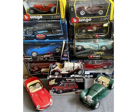 BURAGO DIECAST/PLASTIC 1:18 &amp; 1:24 SCALE COLLECTORS VEHICLES (12) - to include a Bugatti Divo, 1959 Jaguar Mk2, 1957 Chev