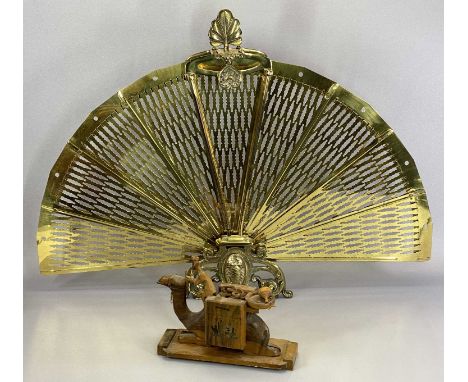 BRASS FAN FIRESCREEN and a treen Bethlehem tourist model of a camel