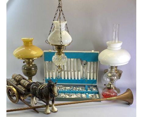 CASED MID-CENTURY CUTLEY, brass based oil lamps, copper hunting horn, dray horse and cart, old cased camera, Koroll, ETC