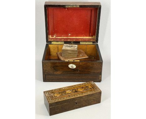 ROSEWOOD WORKBOX - with mother of pearl detail and three other treen boxes