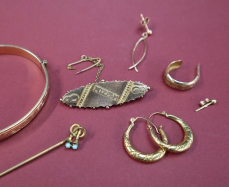A pair of 14ct gold hoop earrings, approximately 1.5 grams together with a 9ct gold Mizpah brooch, 9ct gold odd earrings, app