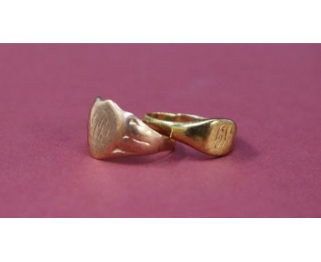 An 18ct yellow gold signet ring, initialled, approximately 3.8 grams, split shank together with a 9ct yellow gold signet ring