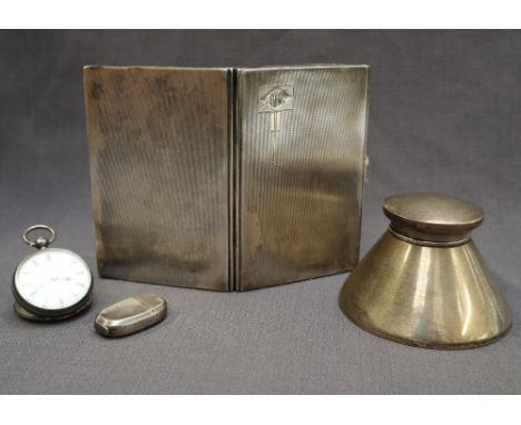 A George VI silver cigarette case of rectangular form with engine turned decoration, Sheffield, 1946, 12.5 x 8.5cm together w
