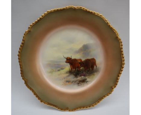 A Royal Worcester cabinet plate with a wavy gilt rim, painted to the centre with highland cattle in a landscape, signed John 