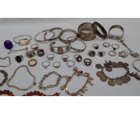 A sterling silver hinged bangle "Mascotte" together with assorted silver bracelets, bangles, rings etc overall approximately 