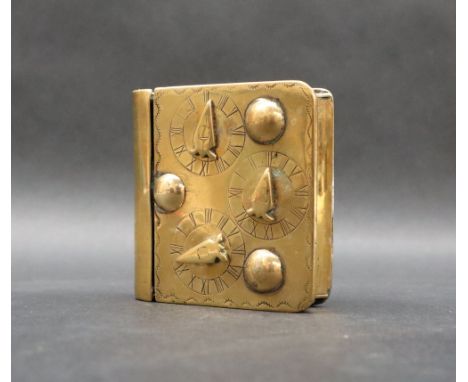 A brass snuff box of square form with three dials and pointers, inscribed to the reverse Evan Thomas, Fynon Gareg Cingryth 5.