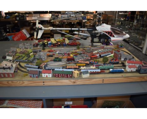 A N Gauge Track Layout with Buildings and Accessories along with three Lima and similar continental Locomotives, two 0-6-0 Ta