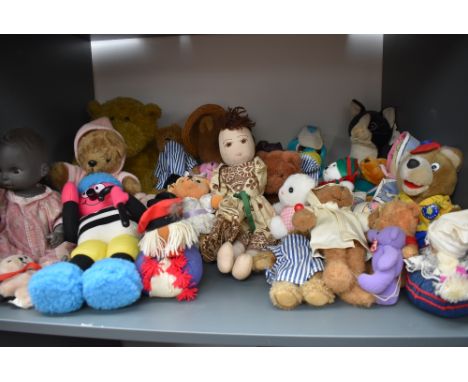 A shelf of mixed vintage Teddy Bears and Dolls including Diana Jones Berti Bassett, Barclays Bank Blue Bird, Russ Felix the C