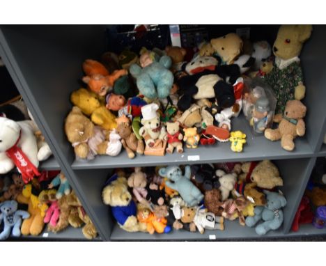 Two shelves of mixed vintage Teddy Bears, Dolls and hand puppets including Knickerbocker, Russ, TY etc