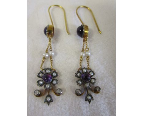 Pair of amethyst, pearl &amp; diamond earrings