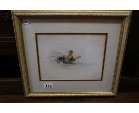 Watercolour - Cockerels by Christopher Hughes - Royal Worcester artist (Image size 25cm x 20cm)
