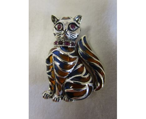 Silver &amp; champlevé enamel stone set cat brooch