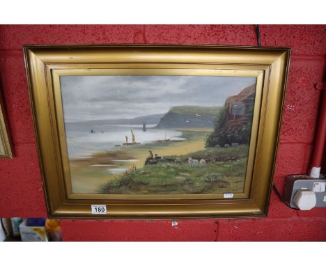 Watercolour - Coastal scene by M Caine (Image size 44cm x 29cm)