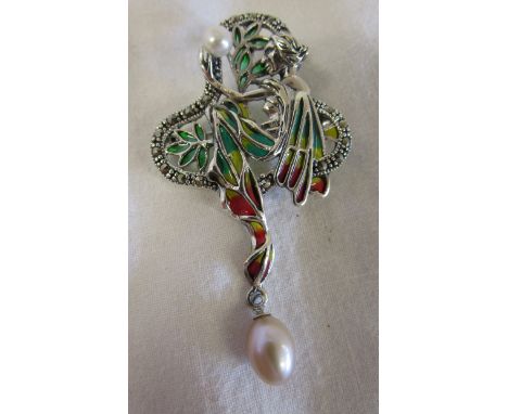 Silver &amp; champlevé enamel pearl drop pendant / brooch