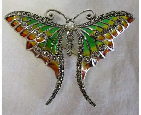 Silver &amp; champlevé enamel butterfly brooch