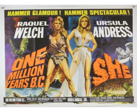 One Million Years B.C./She (1966) British Quad Double Bill film poster, artwork by Tom Chantrell, starring Raquel Welch & Urs