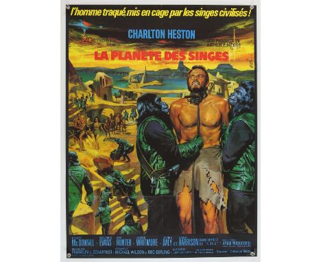 Planet of the Apes (1970's-R) French Small film poster, starring Charlton Heston, art by Jean Mascii, folded, 23 x 30 inches.