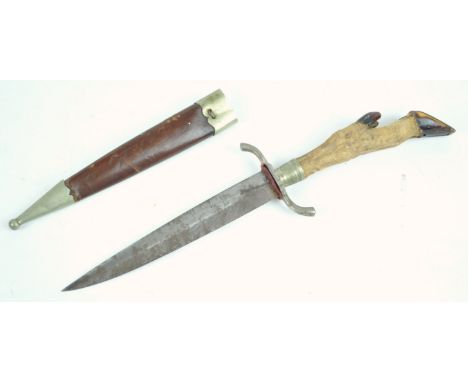 A WWII hunting dagger, marked Rich-ABR-Herder, with leather scabbard and hoof handle, 30.5cm long overall