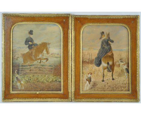 English school, 19th century, Hunting scenes, watercolours, a pair, in oak and parcel gilt frames, overall 44cm x 35cm