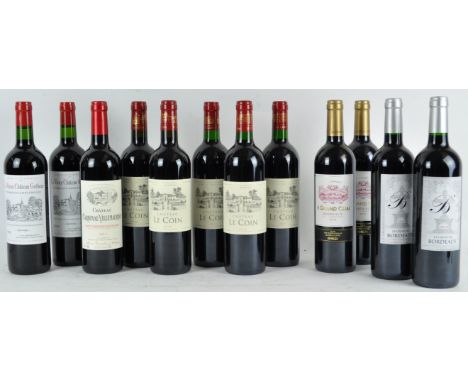 A mixed case of twelve bottles of Laithwaite's red wines, Chataeau le Coin x 5, Le Vieuts Chateau Guibeau x 2, Chateau Cardin