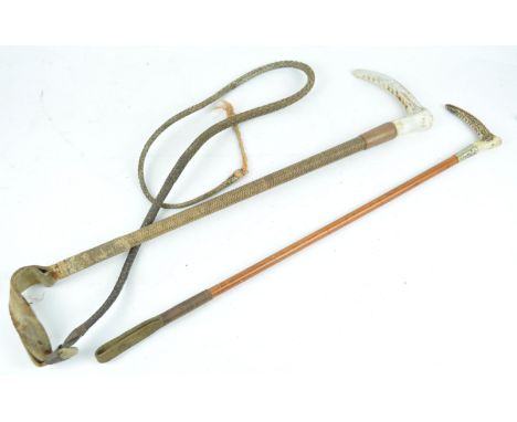A gentleman's hunting crop with leather thong and antler handle, 56cm long, together with a ladies crop with antler handle, 5