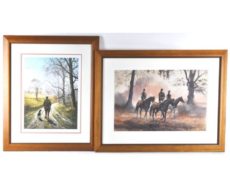 Caroline Cook, Race Horses, Morning Exercise, watercolour and bodycolour, signed lower left, 31cm x 48cm, together with a col