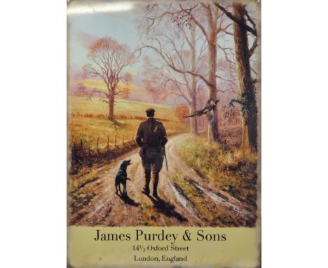 An enamel metal advertising sign for Purdy, polychrome decorated, after an oil painting of a gentleman and his gun dog, walki
