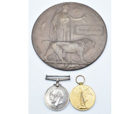British Army WW1 War Medal and Victory Medal named to 4249 Pte W Scott, Royal Fusiliers, together with his Memorial Plaque / 
