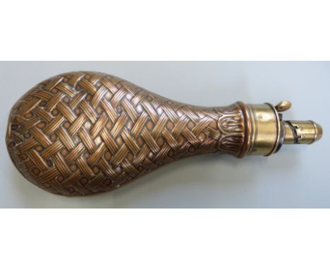 G &amp; JW Hawksley copper and brass powder flask with embossed basket weave decoration, 21cm long