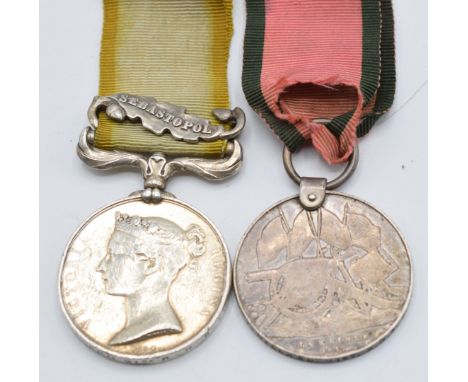 British Army Crimea Medal 1854 with clasp for Sebastopol and Turkish Crimea Medal Sardinian issue 1855, both named to 3989 J 