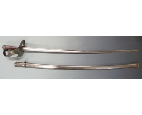 Italian 1871 Cavalry sword with wooden grip and thumb recess to guard, 90cm pipe back blade and steel scabbard.&nbsp;PLEASE N