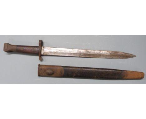 British 1888 pattern Lee Metford bayonet with grip plates secured by two rivets, 30.5cm double edged blade and scabbard.&nbsp